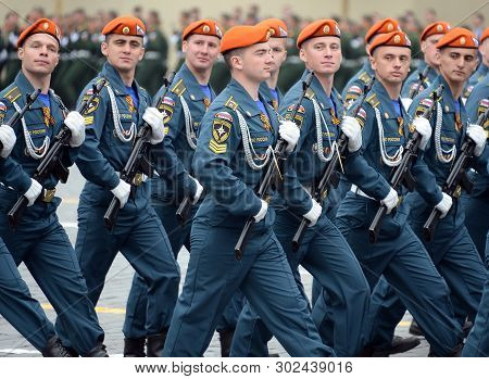 Moscow, Russia - May 9, 2019: Cadets Of The Academy Of Civil Protection Of Emercom Of Russia During 