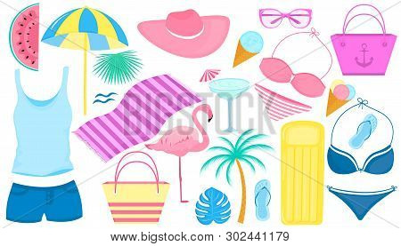 Summer Set Of Decorative Items For A Beach Holiday. Swimsuit, Flamingo, Palm Tree, Slices Of Waterme