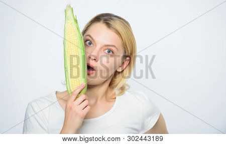 Healthy Teeth. Hunger. Agriculture And Cultivation. Corn Crop. Vitamin And Dieting Food. Happy Woman