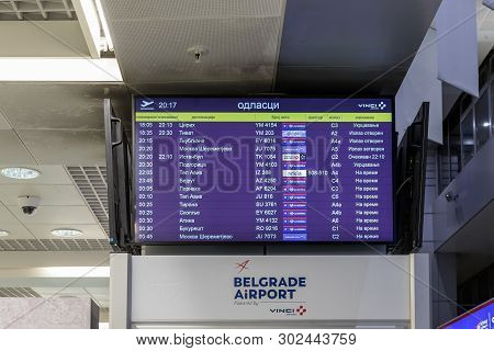 Belgrade, Serbia, May 05, 2019 : Digital Board With The Schedule Of Departures Hangs In The Check In