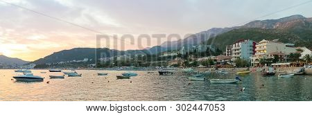 Montenegro, Rafailovici. Sunset View On Sea Beach.