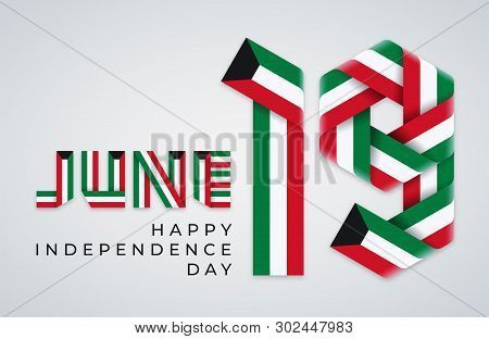 Congratulatory Design For June 19, Kuwait Independence Day. Text Made Of Bended Ribbons With  Kuwait