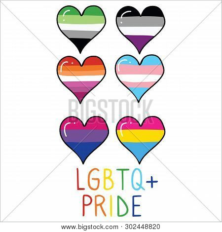 Cute Lgbtq Pride Hearts Cartoon Vector Illustration Motif Set. Hand Drawn Isolated Romantic Couples 