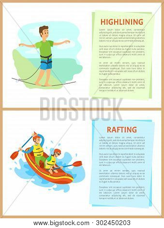 Highlining And Rafting Vector, Hobby Of People Leading Active Lifestyle Man And Woman In Team Sittin