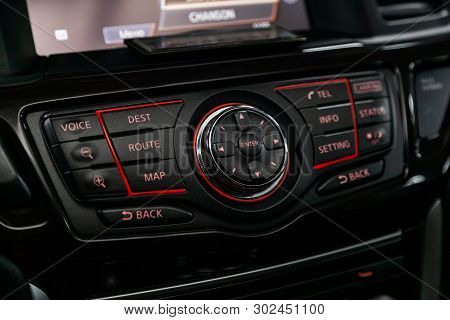 Novosibirsk, Russia - May 20, 2019:  Nissan Pathfinder,close-up Of The Dashboard, Radio, Player. Pho