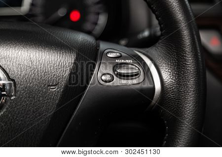 Novosibirsk, Russia - May 20, 2019:  Nissan Pathfinder,close-up Of The Multiwheel With Setting Butto