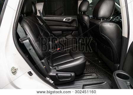 Novosibirsk, Russia - May 20, 2019:  Nissan Pathfinder,close-up Of The Black Leather Rear Seats. Pho