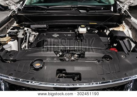 Novosibirsk, Russia - May 20, 2019:  Nissan Pathfinder,close-up Of The Engine, Front View. Photograp