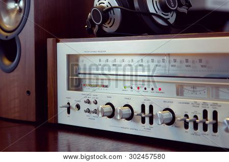 Vintage Audio Stereo Receiver Front Panel with speaker and headphone