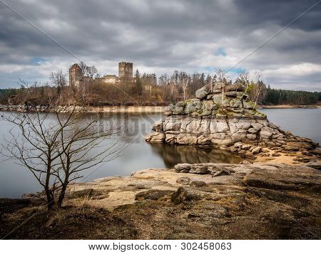 Ruin Lichtenfels In The Ottensteiner Reservoir In The Waldviertel In Spring