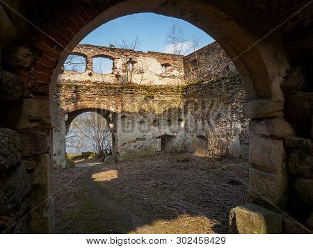 Ruin Lichtenfels In The Ottensteiner Reservoir In The Waldviertel In Spring