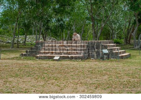 Ancient Mayan Statue On Its Altar, Representing A Jaguar With Two Heads, In The Archaeological Area 