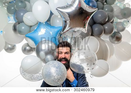 Birthday, Preparing To Party, Celebration. Happy Businessman With Helium Balloons. Bearded Man With 