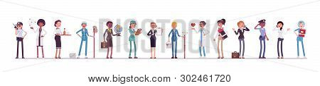 Different Female Professions And Business. Working People, Women In Occupation Standing Together, Em
