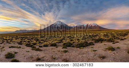 Huge Panorama At Dusk Over Licancabur Volcano, Atacama Desert