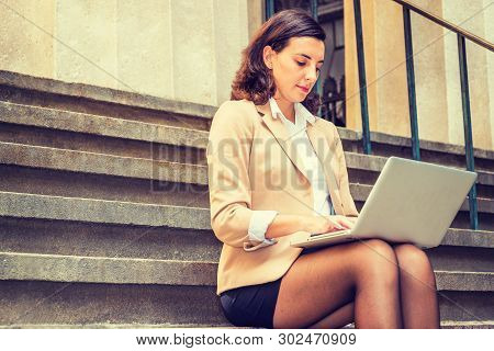 Young American Woman Traveling, Working In New York City, Wearing Beige Blazer, Black Short Skirt, T