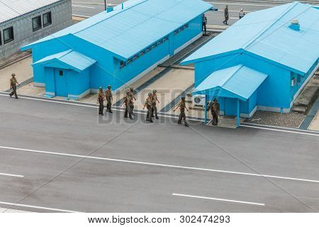 Panmunjom, North Korea - July 30, 2014: Border Between North And South Korea. Soldiers Of The North 