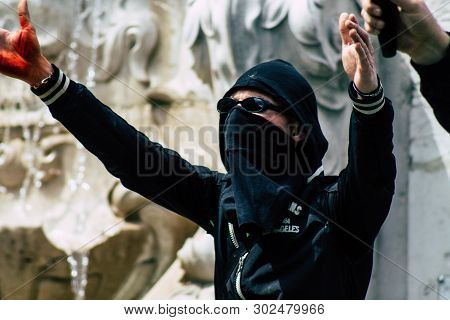 Reims France May 18, 2019 View Of Unknown Rioters Walking In The Streets Of Reims During The Protest
