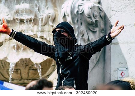 Reims France May 18, 2019 View Of Unknown Rioters Walking In The Streets Of Reims During The Protest