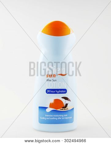Pomorie, Bulgaria - May 16, 2019: Cien - After Sun Lotion On White Background.