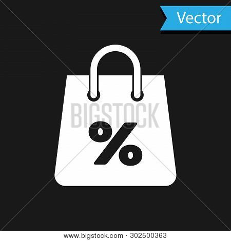 White Shoping Bag With An Inscription Percent Discount Icon Isolated On Black Background. Handbag Si