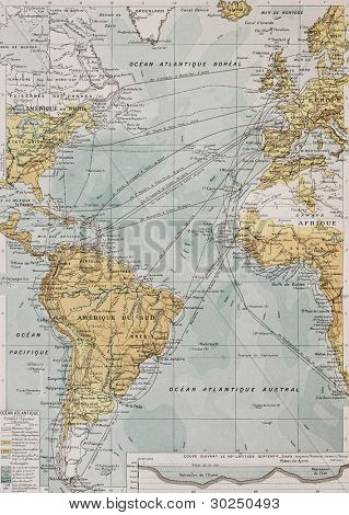 Stará mapa Atlantický oceán. Paul Vidal de Lablache, Atlas Classique, Librerie Colin, Paříž, 1894