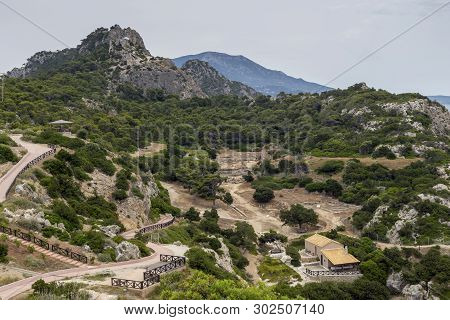 Hellenistic Stoa. The Sanctuary Of The Goddess Hera Akraia In A Small Cove Of The Corinthian Gulf (a