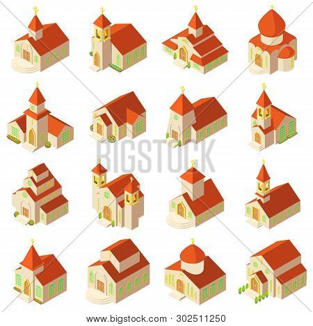 Church Building Wooden Icons Set. Isometric Illustration Of 16 Church Building Icons For Web