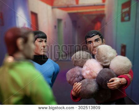 MAY 22 2019: Scene from Star Trek original series The Trouble with Tribbles where Chief Engineer Scott has an armful of Tribbles that have gotten into the machinery. Vintage Mego action figures. 