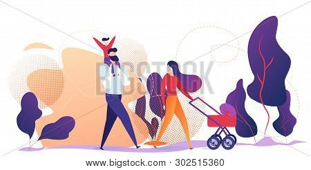 Happy Family Walking Outdoors In City Park. Young Mother Pushing Baby Carriage, Little Son Sitting A