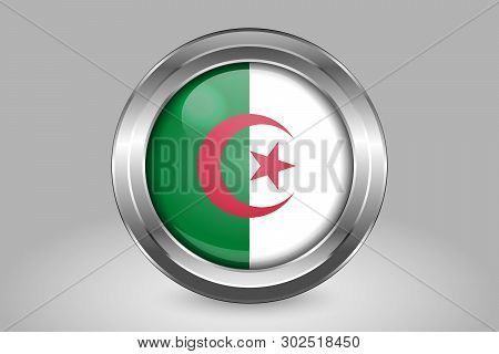 Flag Of Algeria. Metal And Glass Round Vector Icon. Isolated