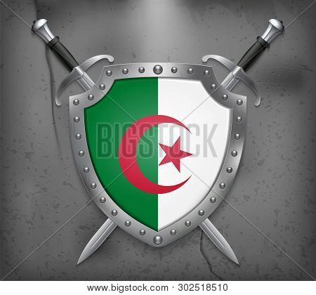 Flag Of Algeria. The Shield With National Flag. Two Crossed Swords. Medieval Background