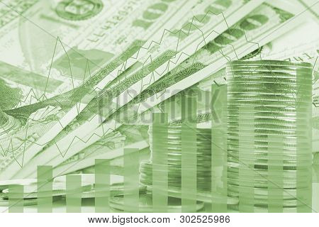 Double Exposure Banknotes, Stock Market And Graph On Rows Of Coins For Finance And Banking , Investm
