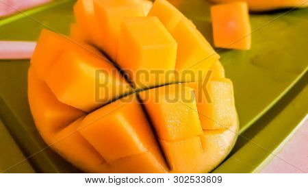 Mango Fruit And Mango Cutting As Cubes.