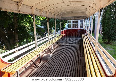Samara, Russia - May 18, 2019: Inside Of The Retro Tram Vagon At The Outdoors Tram Museum In Samara