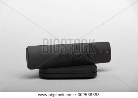 Tv Set-top Box For Ip Tv And Digital Video Content On A Gray Background. Digital Tv On Gray Backgrou