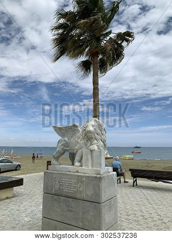 Larnaka, Cyprus - May 11, 2019: Marble Lion Presented By The City Of Venice To The City Of Larnaca O