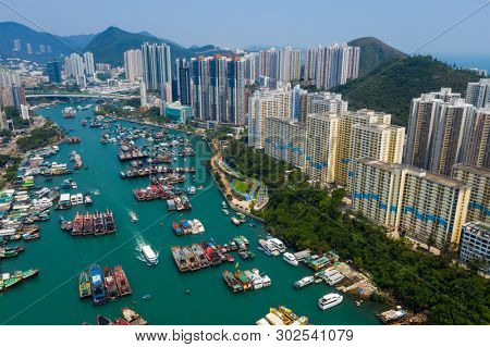 Aberdeen, Hong Kong 12 May 2019: Drone fly over Hong Kong city with typhoon shelter