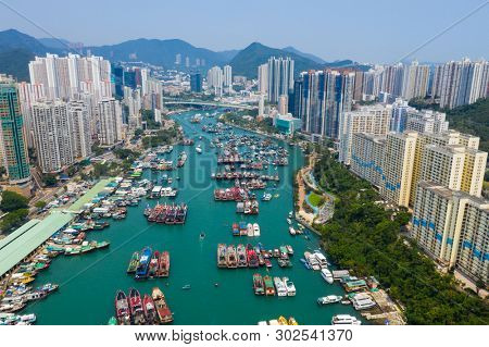 Aberdeen, Hong Kong 12 May 2019: Drone fly over Hong Kong city with typhoon shelter