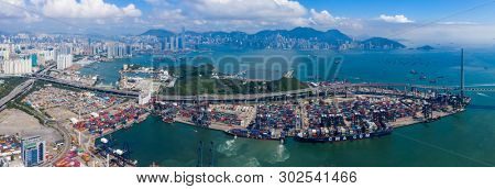 Kwai Chung, Hong Kong 15 May 2019:  Drone fly over Kwai Chung Cargo Terminal in Hong Kong