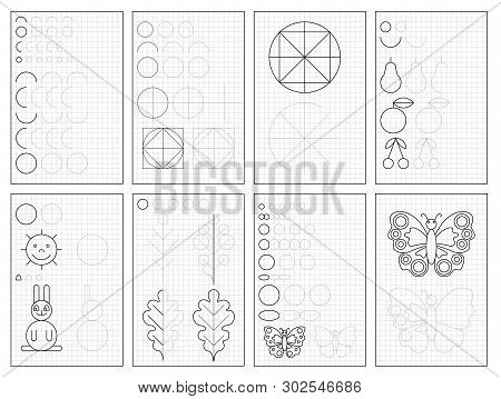 Set Of Black And White Educational Pages On Square Paper For Kids. Printable Worksheet For Children 
