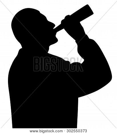 Man Drinking Alcohol From Bottle. Alcoholism Addiction Problem.