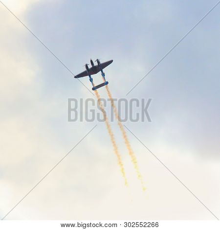 Pilsen / Czech Republic - September 9, 2018: Flying Bulls Red Bull sponsored Lockheed P-38 Lightning. Rare fighter plane over Pilsen.