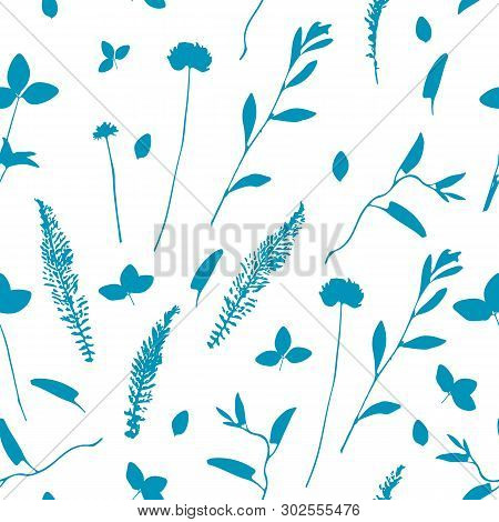 Vector Cute Cyanotype Seamless Flower Pattern. Big Set Of Cyanotype Floral Elements. Can Be Used For
