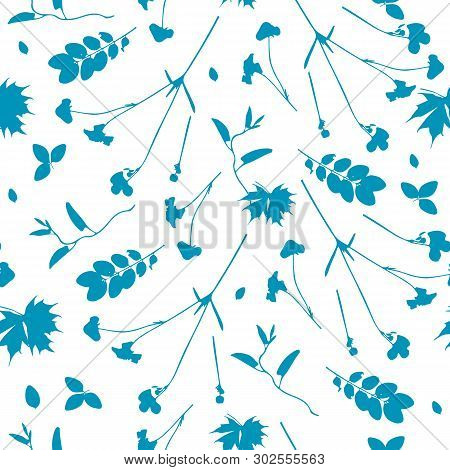 Vector Cute Cyanotype Seamless Flower Pattern. Big Set Of Cyanotype Floral Elements. Can Be Used For
