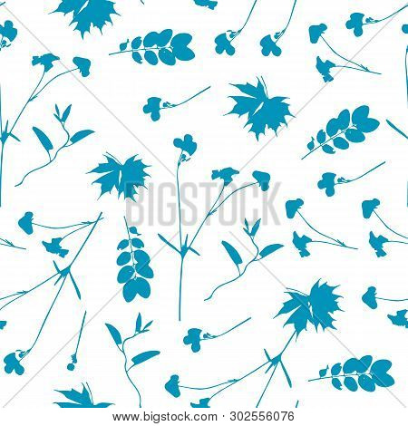 Vector Cute Cyanotype Seamless Flower Pattern. Big Set Of Cyanotype Floral Elements. Can Be Used For