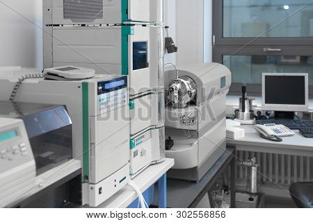 Scientific Background Out Of Focus. Modern Laboratory Interior Out Of Focus, Including Equipment