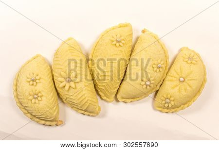 Isolated And Macro Shot Of Novruz Holiday Cookie Shekerbura On White Background