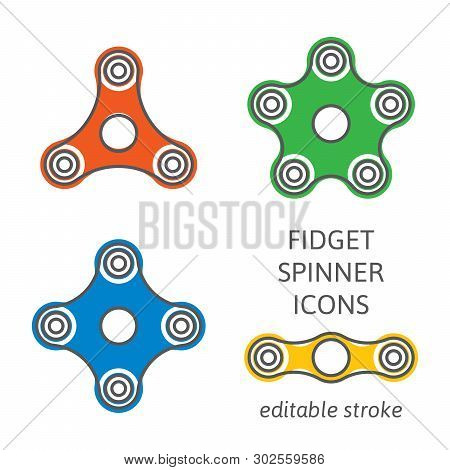 Set Of Fidget Hand Spinner Icons With Editable Stroke. Two, Three, Four, Five Arms Toys For Stress R