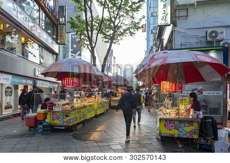 Busan, South Korea - April 2019: Local Korean Street Food Vending At Busan International Film Festiv